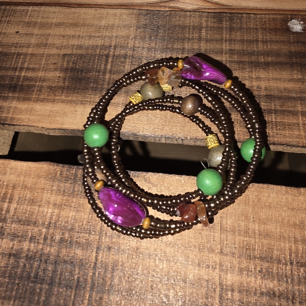 Beaded Wrap Bracelet with Purple and Green Accents